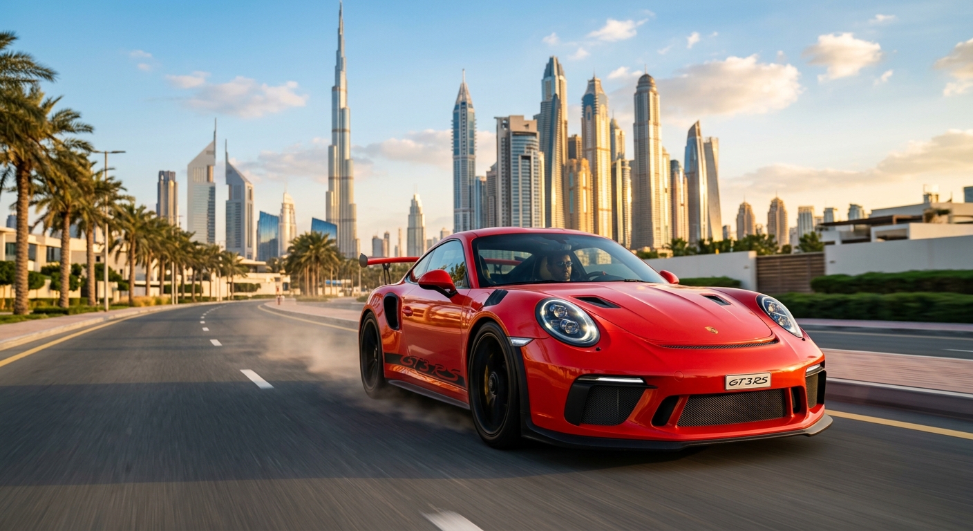 מכונית ספורט יוקרתית מסוג פורשה 911 GT3 RS אדומה נוסעת במהירות בכביש בדובאי, על רקע גורדי השחקים ומגדל בורג' ח'ליפה.